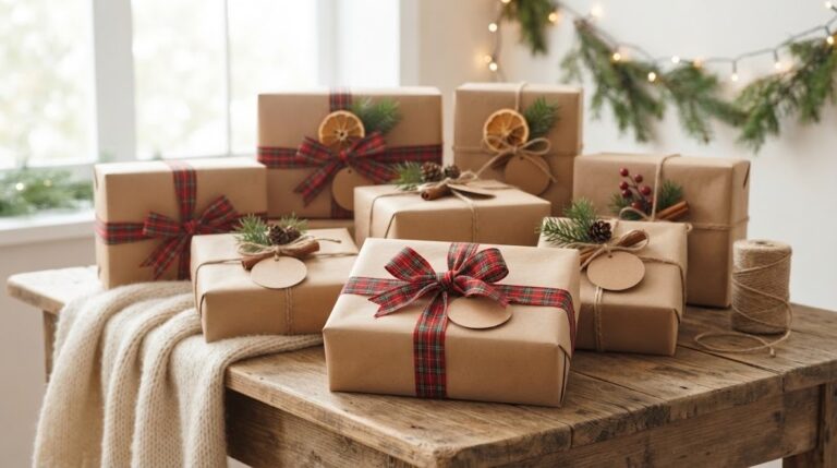 Gift wrapping tricks with kraft paper, plaid ribbon, dried orange slices and pine sprigs on a wooden table