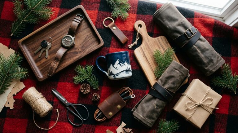 Handmade Christmas gifts for men including a wood valet tray, leather keychain, painted mug and canvas apron on a plaid blanket