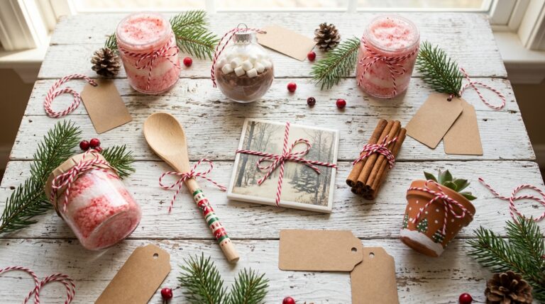 Christmas gifts under five dollars in a flat lay with sugar scrub jars, a cocoa ornament, a painted spoon and twine