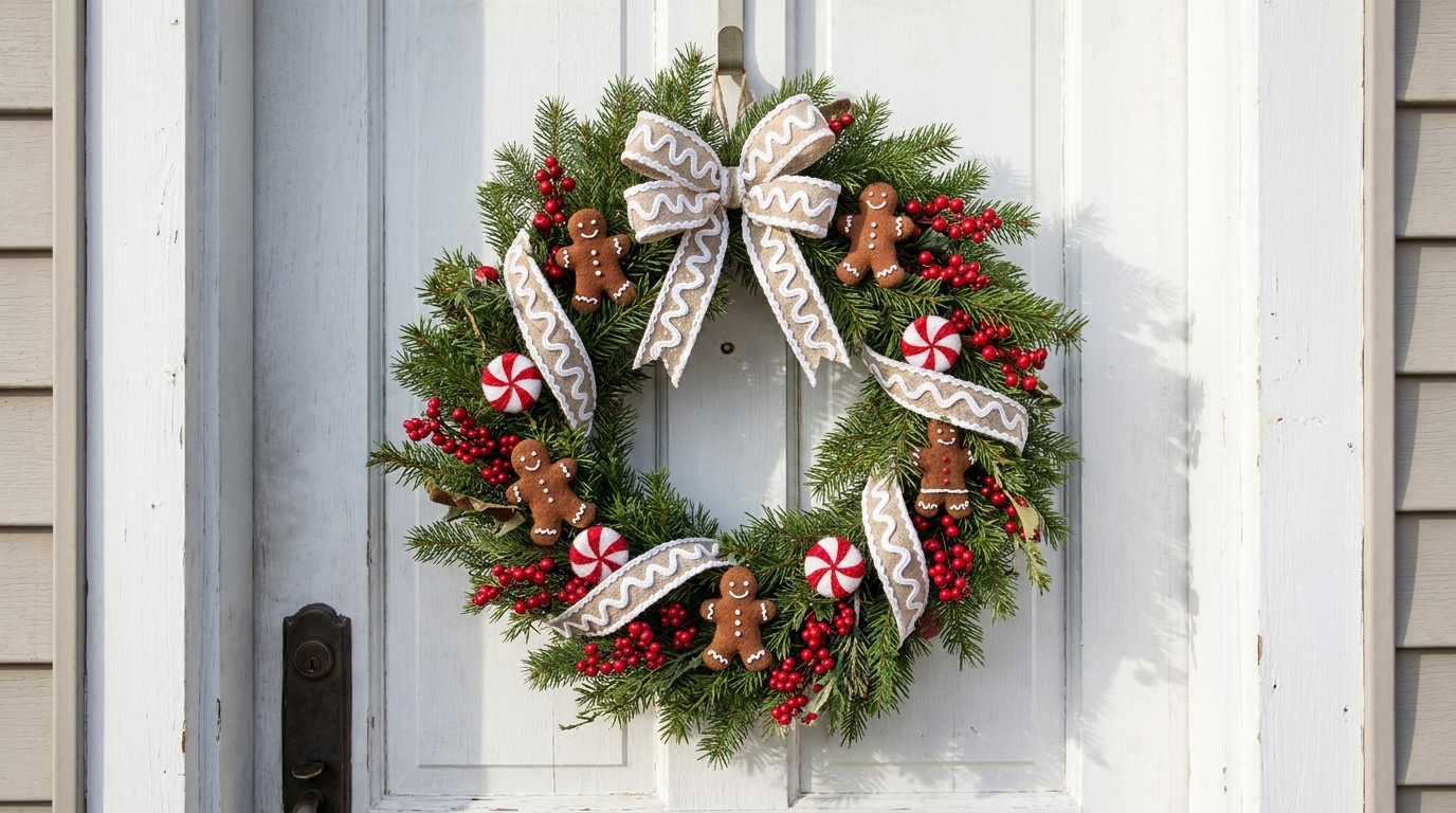 Gingerbread Christmas decor wreath with gingerbread men, faux peppermints and white ribbon