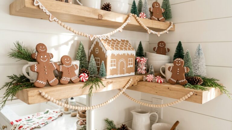 Gingerbread Christmas decor on a kitchen shelf: clay gingerbread men, a painted gingerbread house box and a white icing garland