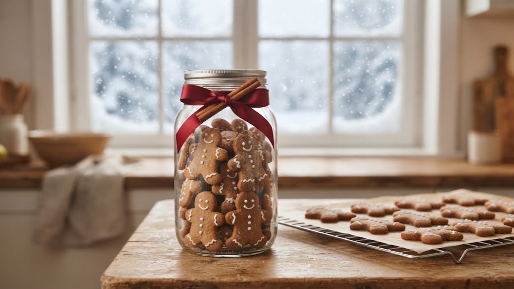 Christmas gifts in a jar filled with iced gingerbread man cookies