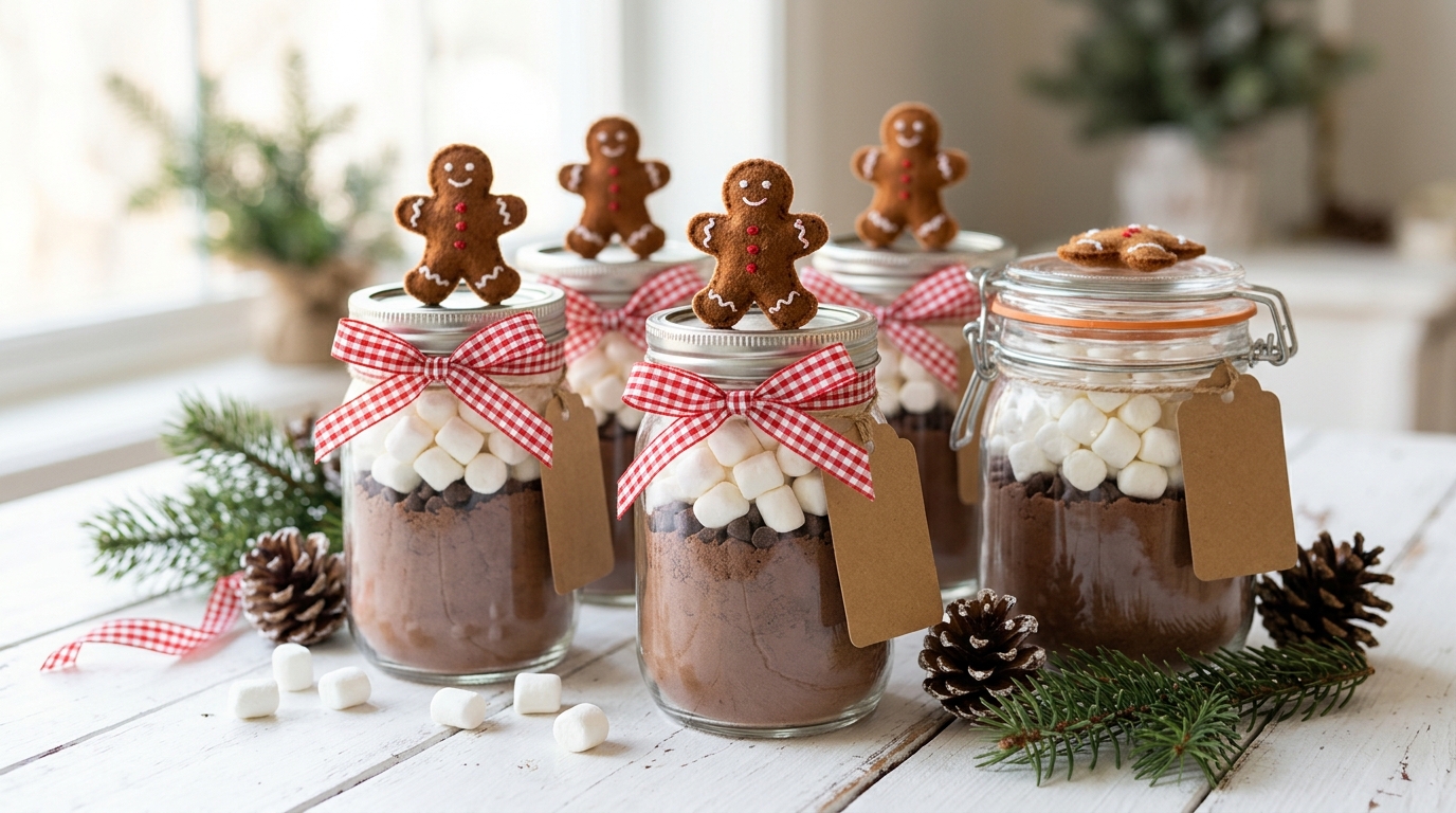 Cocoa gift jars with felt gingerbread man toppers and gingham ribbon