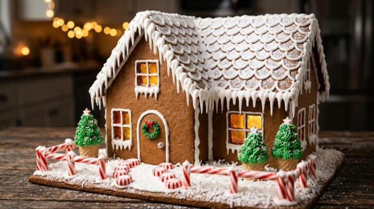 Gingerbread house ideas: a bakery style house with icing shingles, icicles, candy windows and a snowy coconut yard
