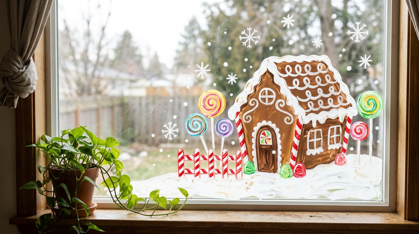 Gingerbread house scene with candy cane fence painted on a window