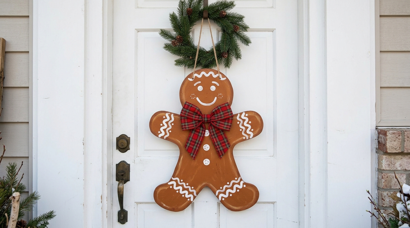 Painted wooden gingerbread man door hanger with a plaid bow