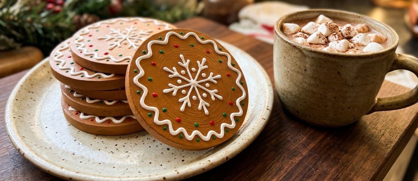 Wood rounds painted like gingerbread cookies with white icing borders beside a mug of cocoa