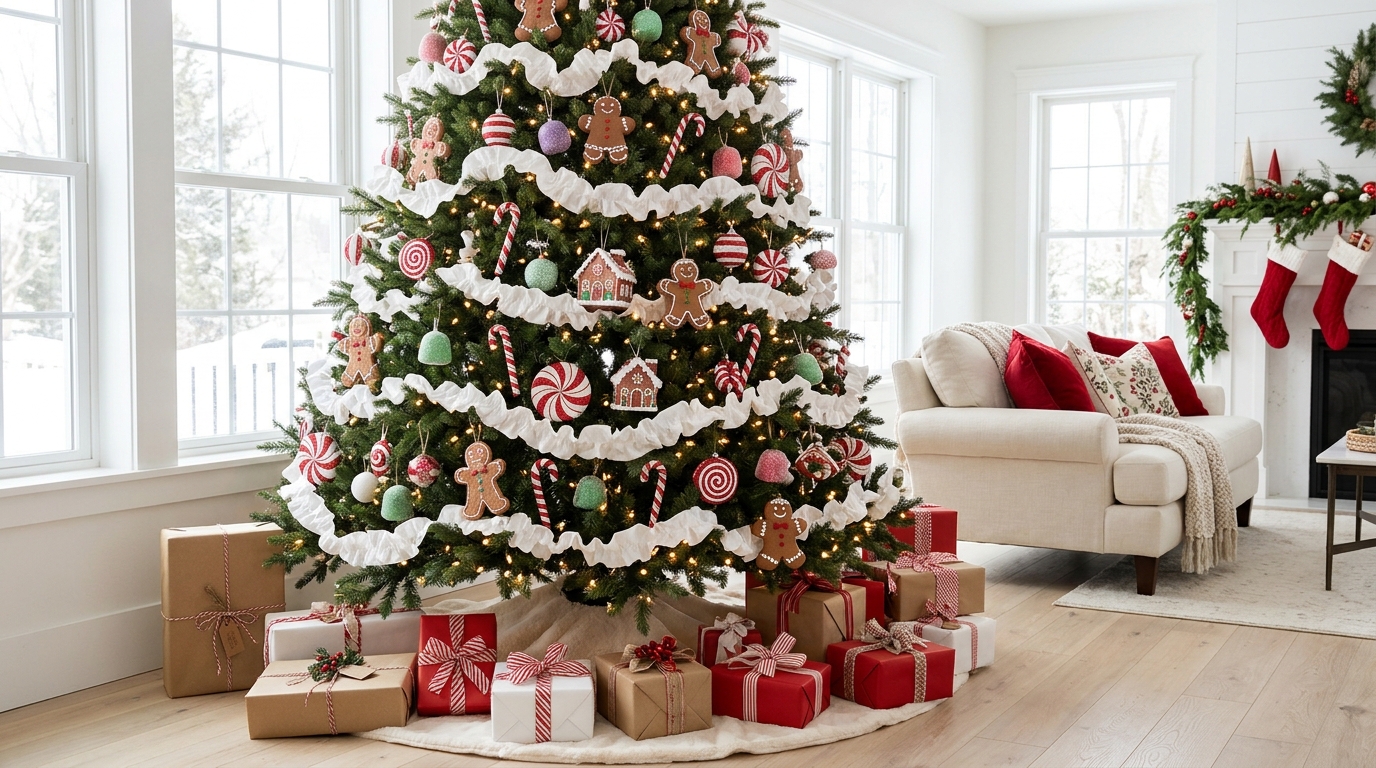 Gingerbread Christmas decor tree with gingerbread ornaments, white ribbon and peppermint balls