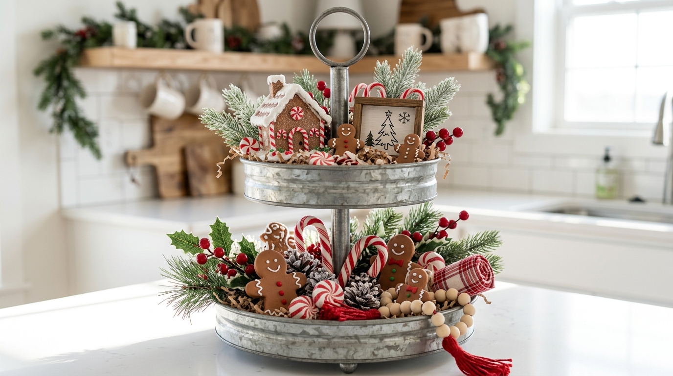Gingerbread Christmas decor tiered tray with a mini house, clay gingerbread men and faux candy