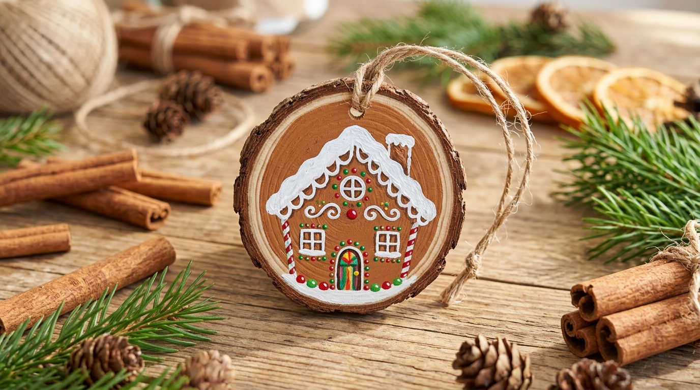 Wood slice decoration that looks like a gingerbread house with white icing