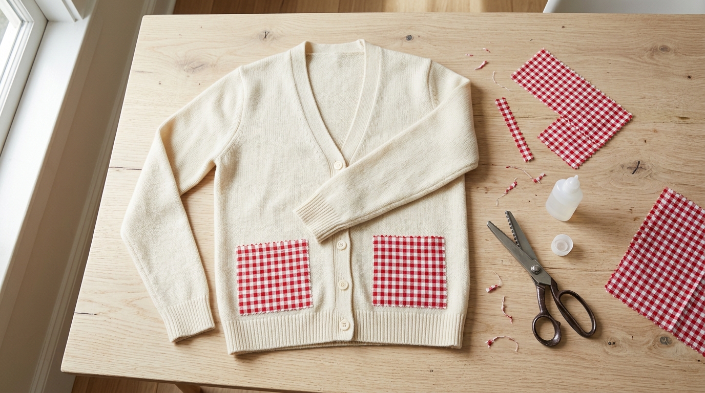 Cream cardigan with red gingham patch pockets attached with fabric glue