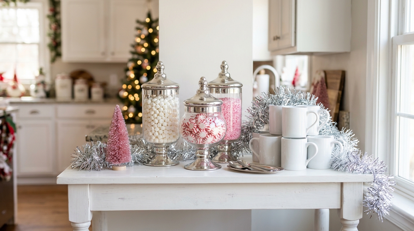 Glam hot cocoa station with glass jars of marshmallows and peppermints and a pink mini tree