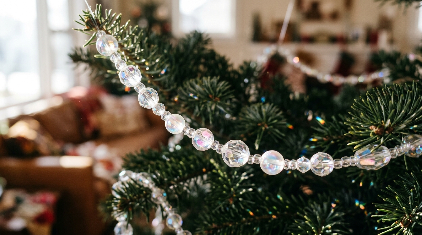 Clear glass bead garland catching the light on green branches