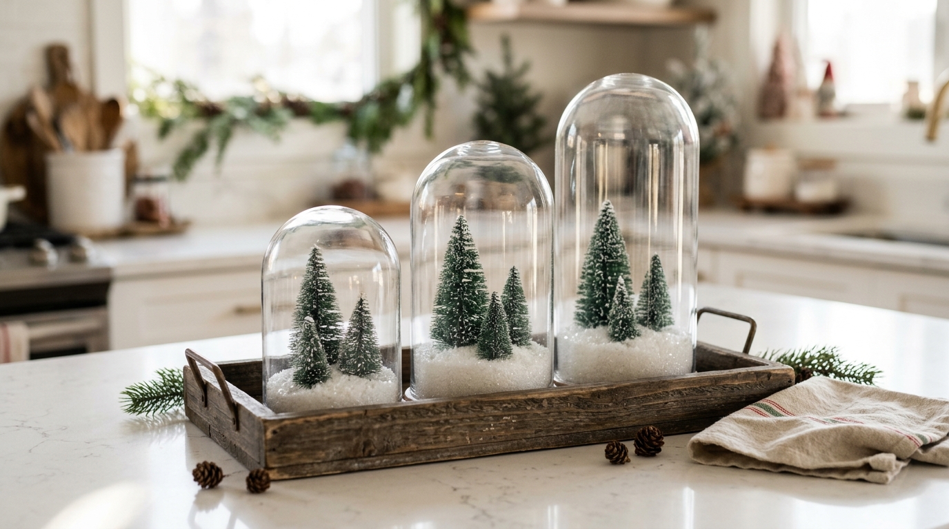 Glass cloche Christmas decor with three bell jars of bottle brush trees on a wooden tray