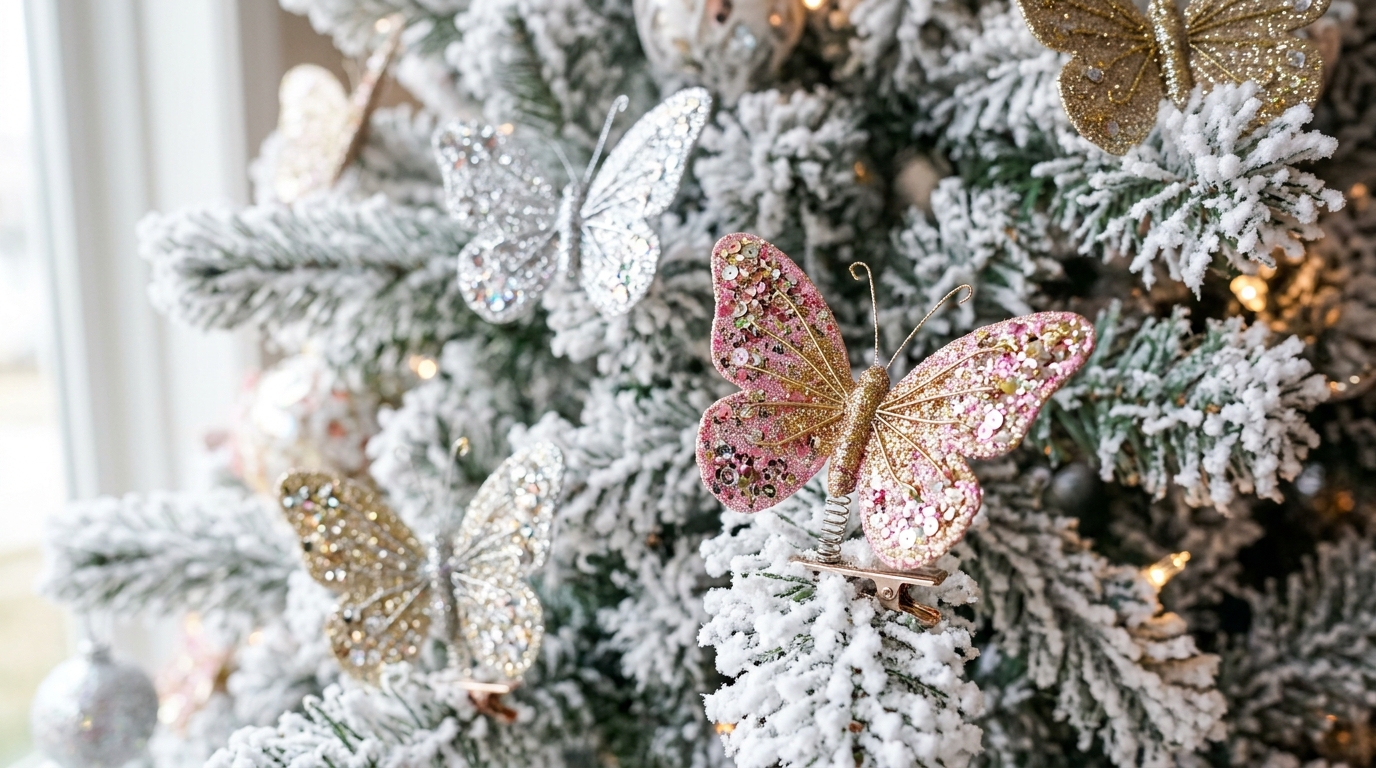 Glitter butterfly ornaments in pink, silver and gold on a white flocked tree