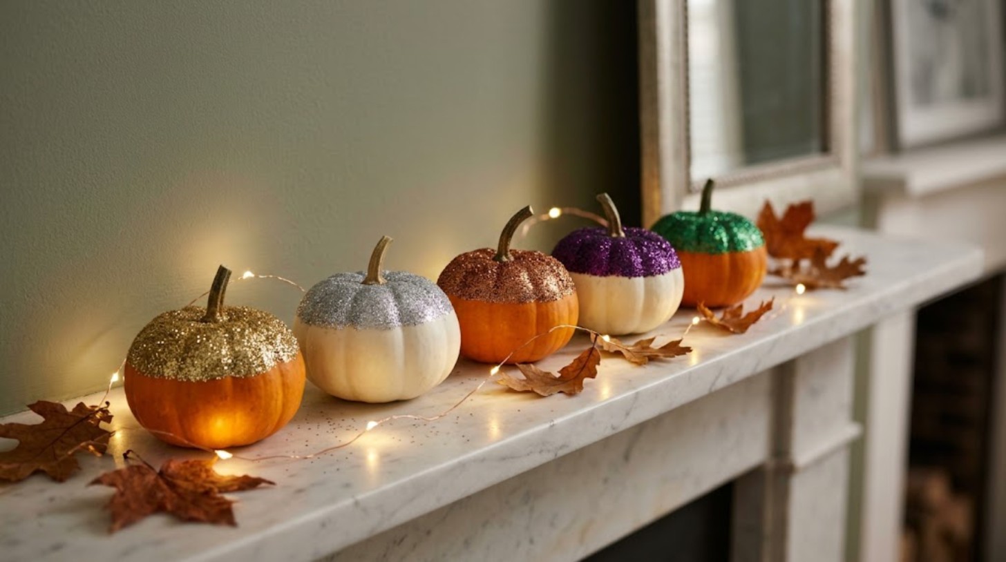 No-carve pumpkin ideas: row of mini pumpkins with gold, silver, copper, purple and green glitter dipped tops on a mantel