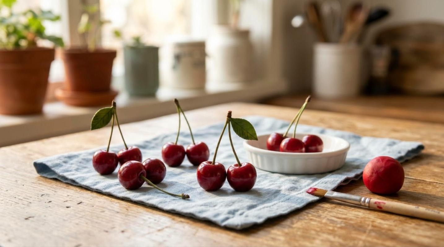 Realistic clay crafts cherry pairs with green leaves on a blue linen napkin
