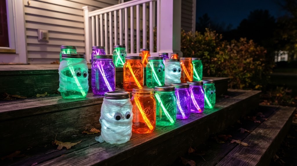 Glass jars filled with glowing green, purple and orange glow sticks for a last minute Halloween porch