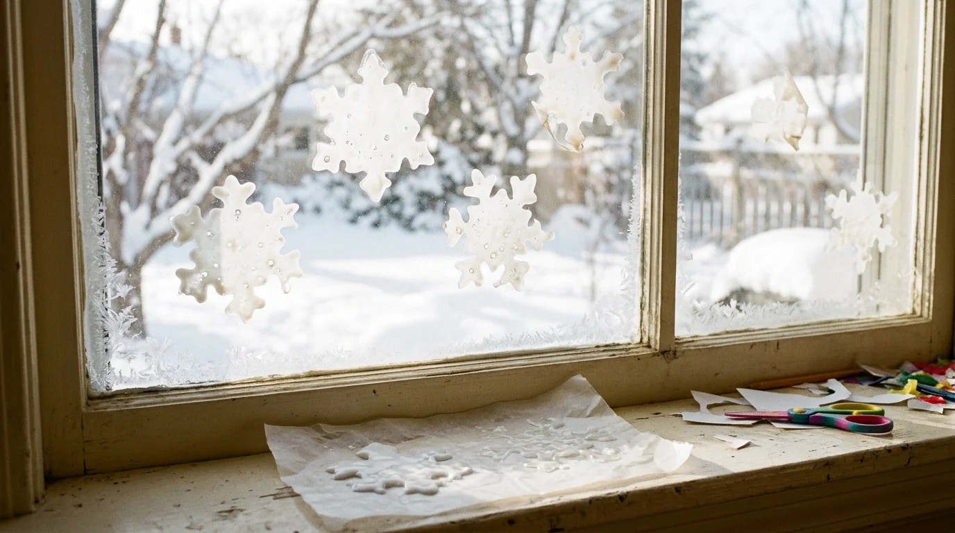 Homemade glue snowflake window clings on a frosty window