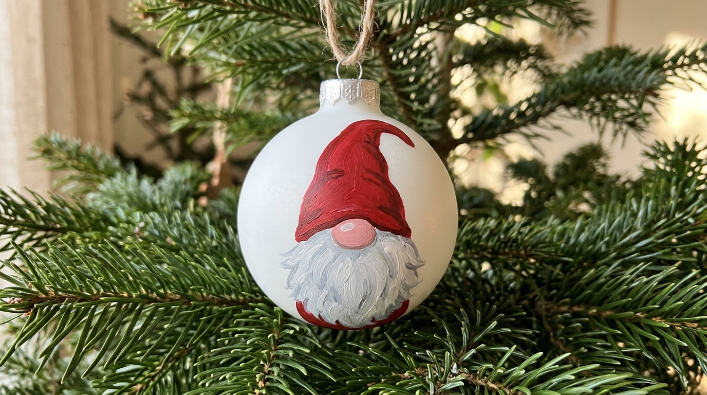 White Christmas ball with a cheerful gnome in a tall red hat