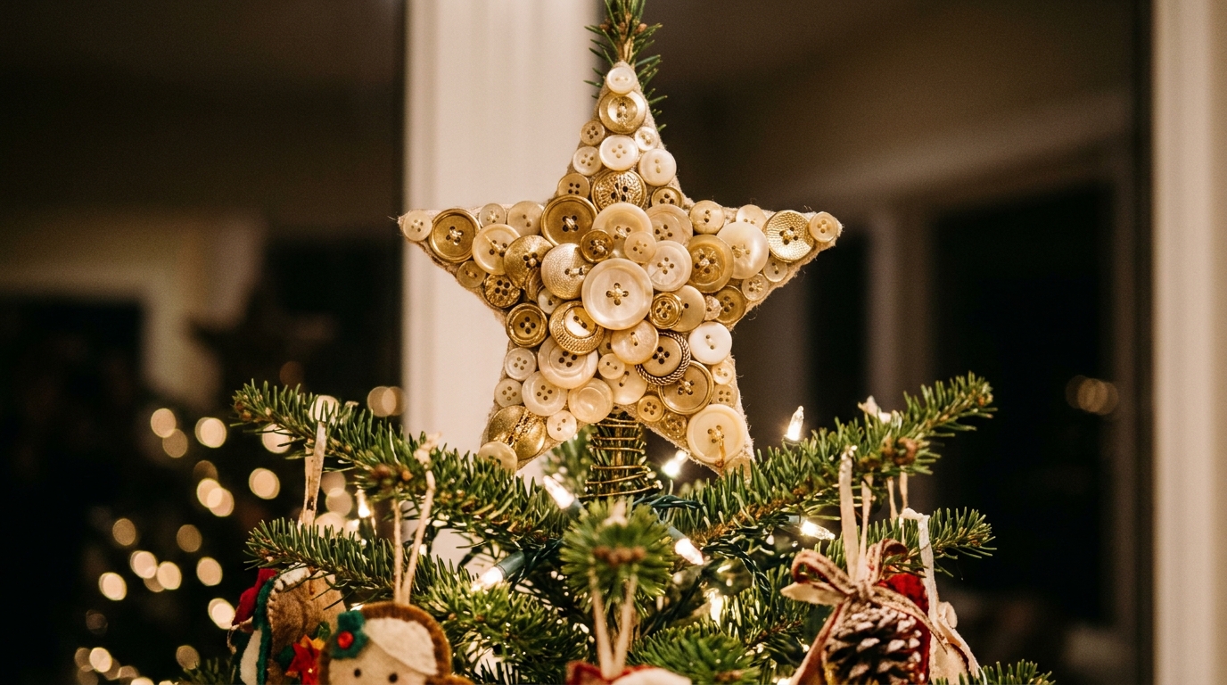 Gold and cream button star tree topper on a Christmas tree