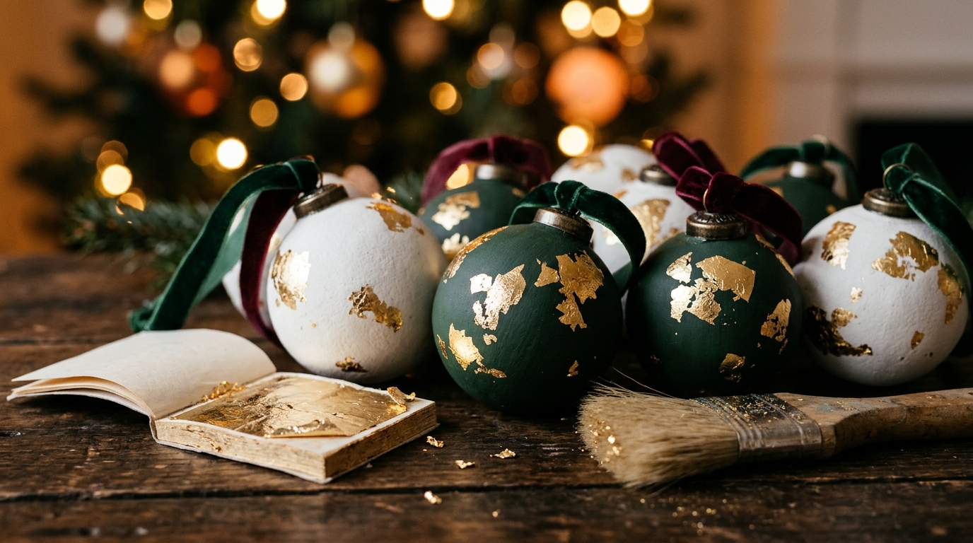 Christmas crafts for adults: white and green ornaments decorated with gold leaf flakes beside a soft brush
