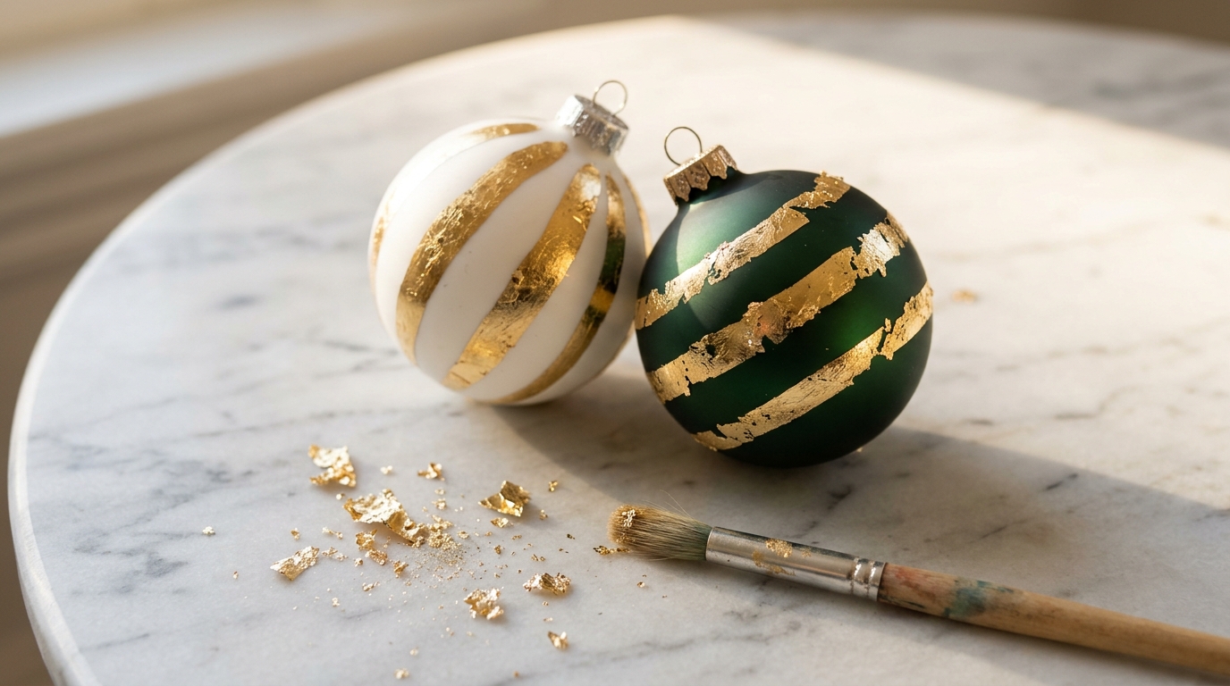 White and green baubles with diagonal gold leaf stripes on marble