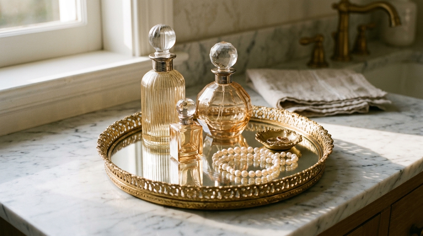Round gold rimmed mirror tray holding perfume bottles and pearls on a marble vanity