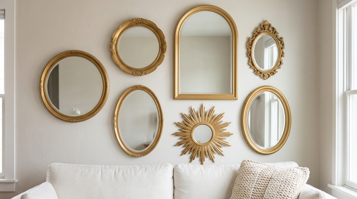 Gallery wall of seven mismatched mirrors all painted matte gold above a white sofa
