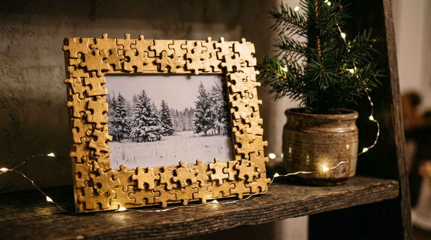 Picture frame covered in gold painted puzzle pieces on a shelf