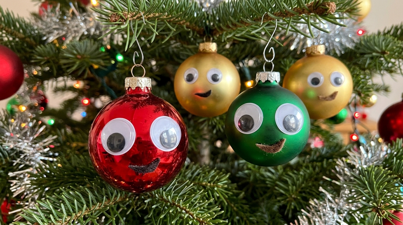 Amy Sedaris Christmas crafts idea of red, green and gold baubles with big googly eyes on a tree