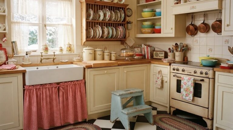 Grandma Kitchen Decor with a red gingham sink skirt, plate rack, enamel canisters and a checkerboard floor