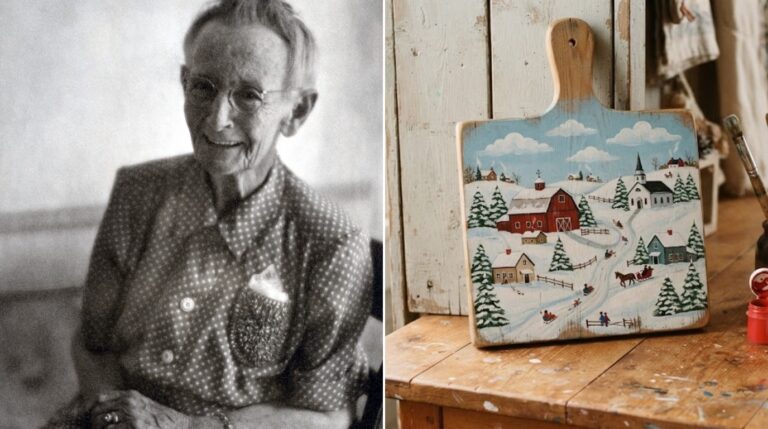 Grandma Moses: left a photo of the artist, right a hand painted folk art cutting board with a snowy red barn village