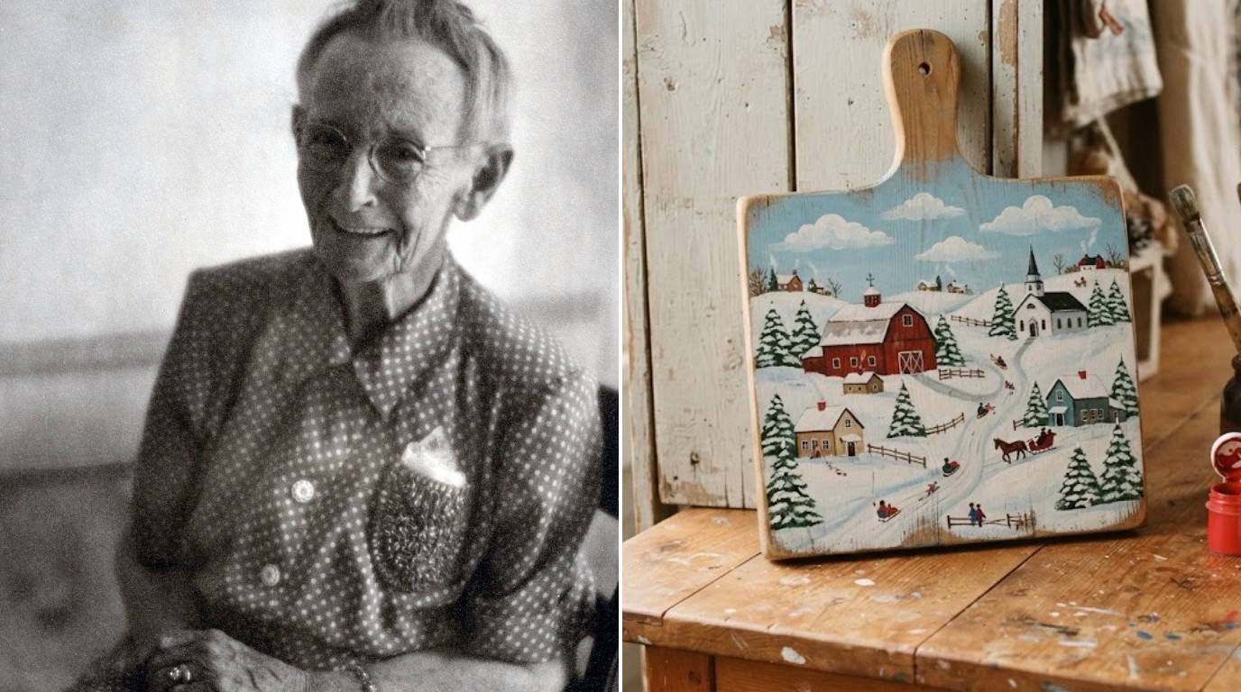 Grandma Moses: left a photo of the artist, right a hand painted folk art cutting board with a snowy red barn village