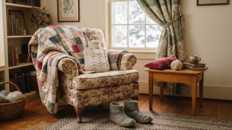 Grandma's Winter Tricks cozy reading corner with a patchwork quilt, knitted hot water bottle cover and wool sock slippers