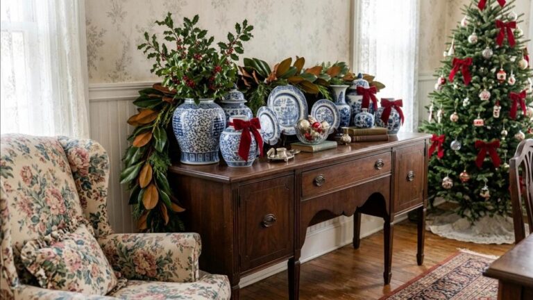 Grandmillennial Christmas decor with blue and white ginger jars, holly and red velvet ribbon on a sideboard