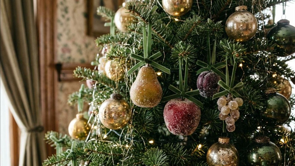 Grandmillennial Christmas decor sugared fruit ornaments of frosted pears and plums on a tree