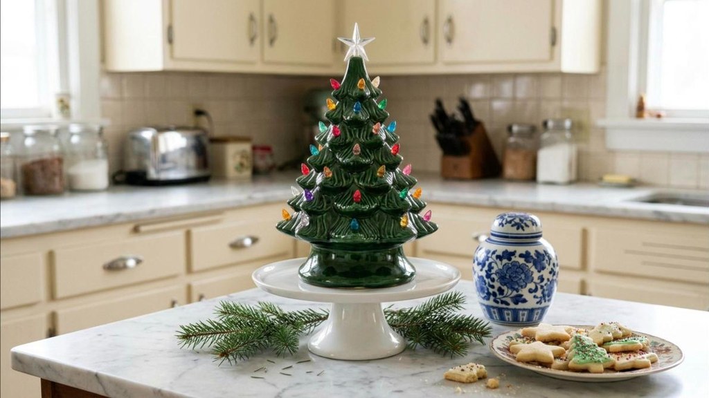 Vintage green ceramic Christmas tree on a cake stand on a kitchen counter