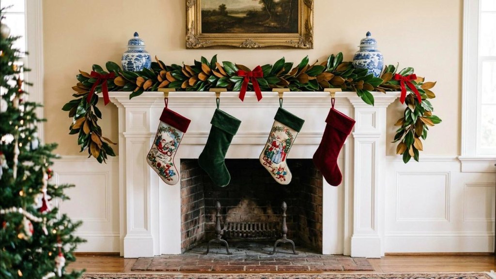 Grandmillennial Christmas decor needlepoint and velvet stockings on a white mantel with magnolia garland
