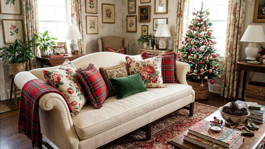 Floral chintz and red plaid pillows mixed on a cream sofa
