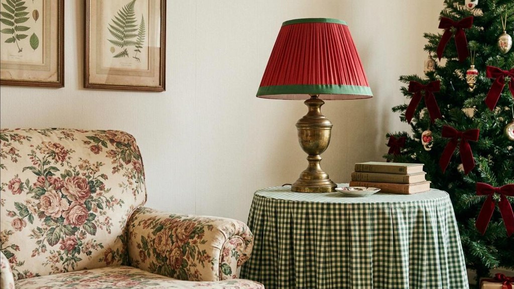 Red pleated fabric lampshade on a brass lamp beside a Christmas tree