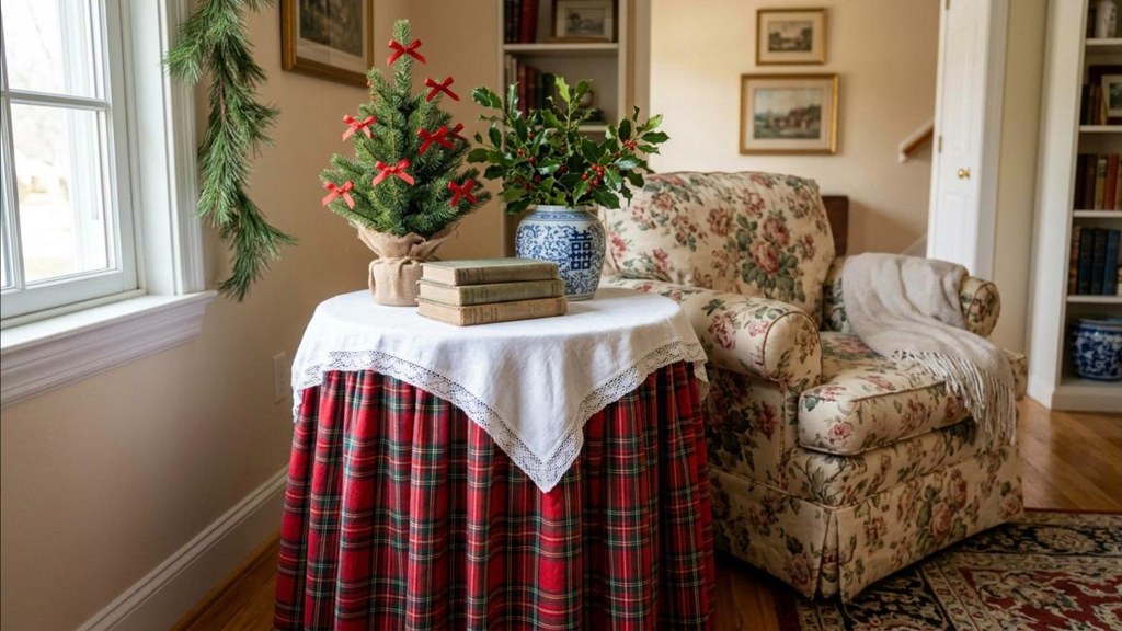 Grandmillennial Christmas decor skirted round side table in red plaid fabric with a small tree