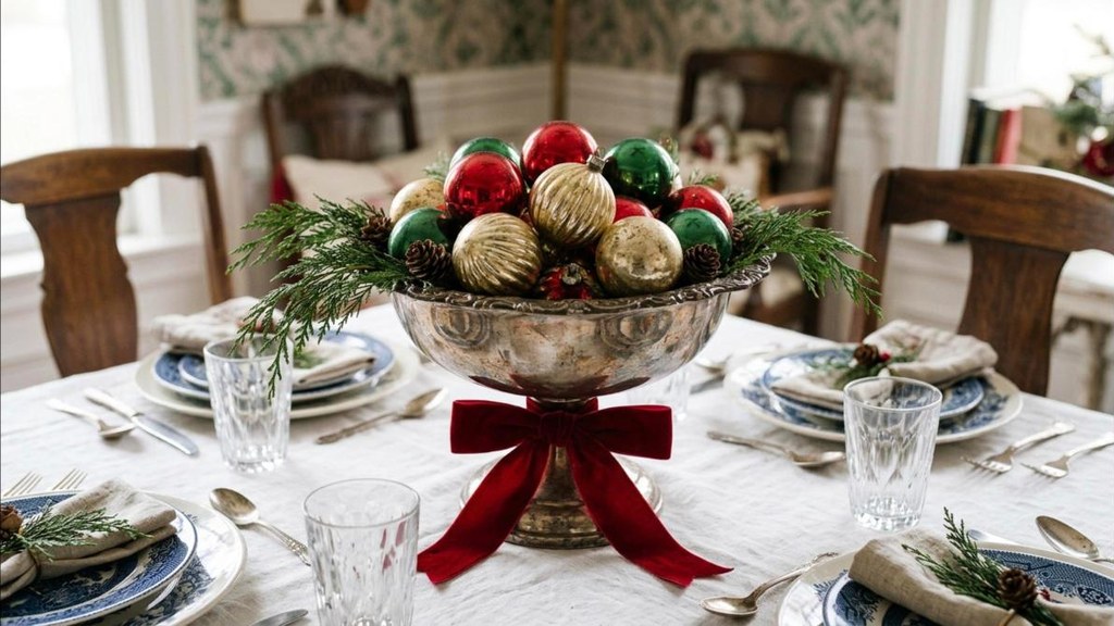 Grandmillennial Christmas decor centerpiece of a thrifted silver bowl with vintage ornaments and cedar