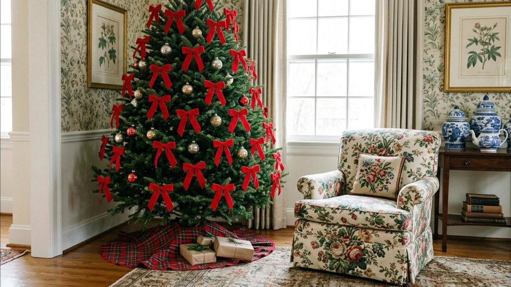 Grandmillennial Christmas decor tree covered in dozens of red velvet bows