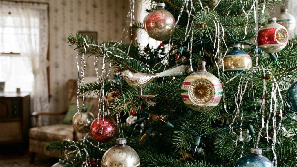 Christmas tree with vintage glass baubles and silver tinsel icicles