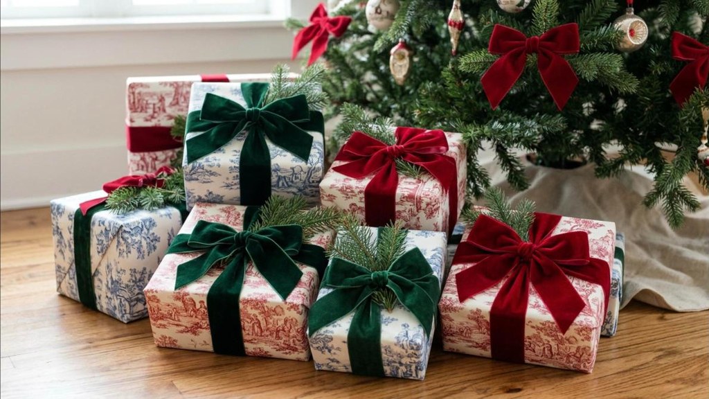 Grandmillennial Christmas decor gifts wrapped in red toile paper with velvet ribbon and greenery