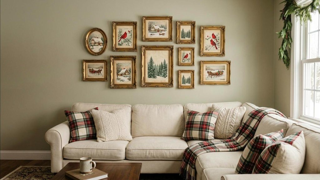 Gallery wall of framed vintage Christmas cards in gold thrift store frames