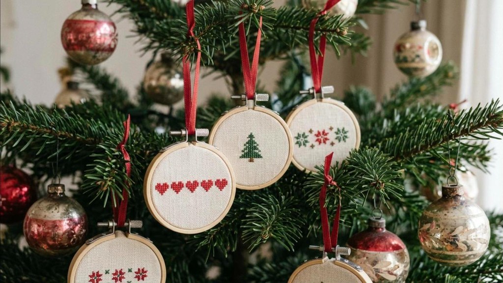 Handmade cross stitch ornaments in small embroidery hoops on a Christmas tree