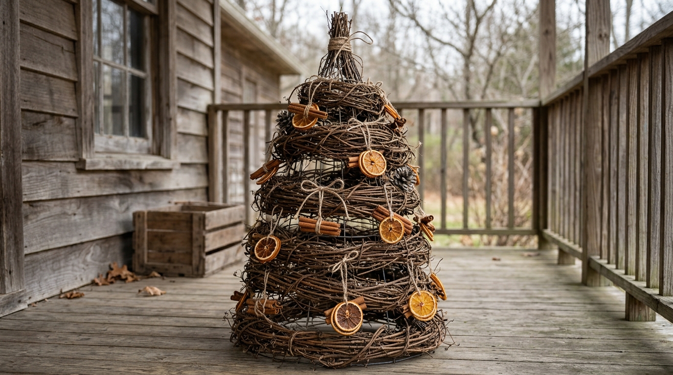 Rustic grapevine tomato cage tree with dried orange slices and cinnamon bundles