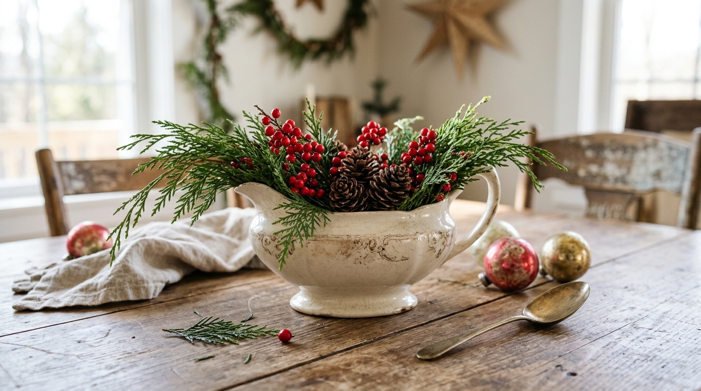White vintage gravy boat filled with cedar, red berries and pinecones